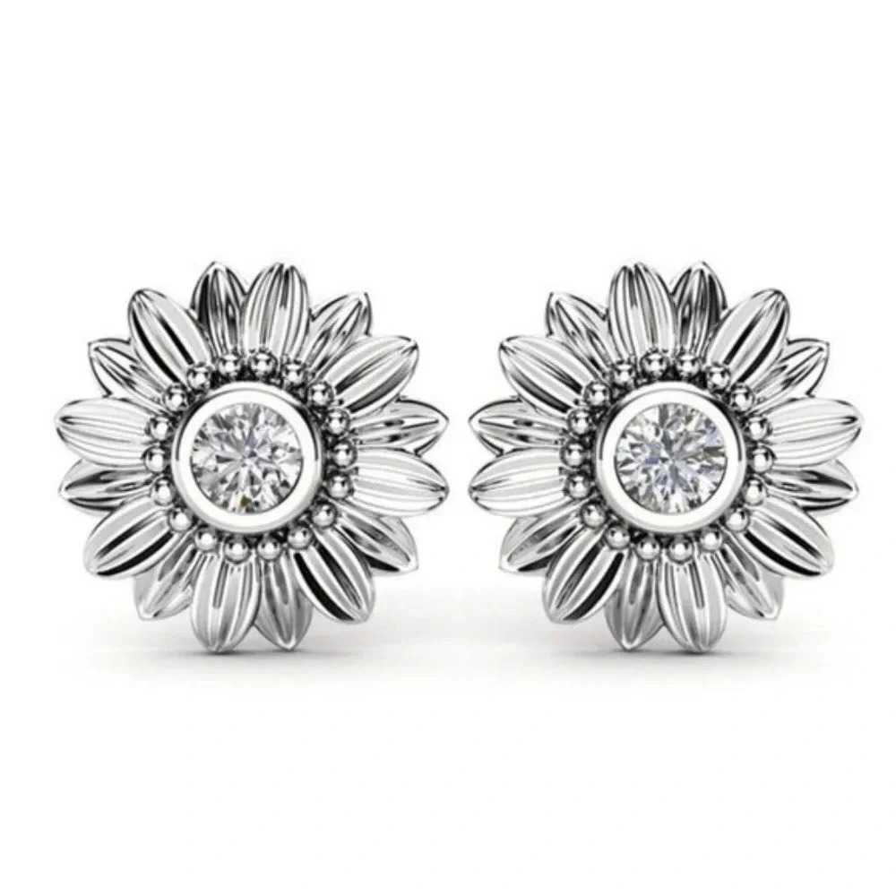 Sterling Silver Diamond Sunflower Stud Earrings